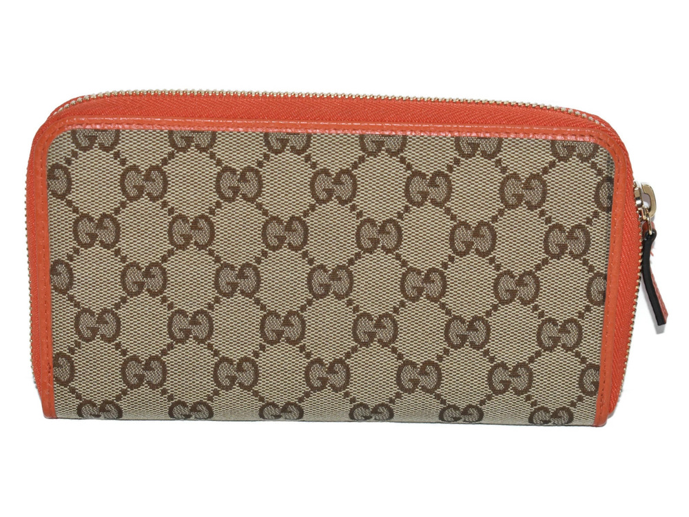 Gucci Wallet Beige Zip Long Canvas around Leather Orange Tan Orange